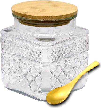 Decorative Glass Jar with Lid and Spoon 38 OZ Square Thick Glass Storage Jars Airtight Lids Clear Vintage Canister Container for Food Candy Cookie Sugar Coffee Tea Nuts Snack Dog Treat